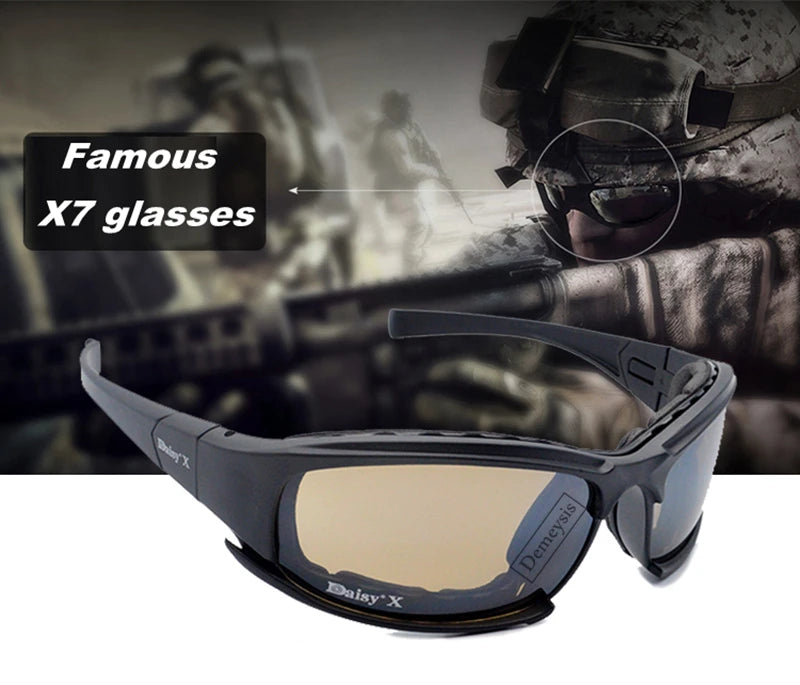Óculos de Sol Polarizados Daisy Tactical, para esportes ao ar livre; Vem com 4 lentes sobressalentes; Caixa original; Óculos que pode ser utilizado em tiro esportivo; Óculos para caminhada sem a perturbação da luz excessiva.