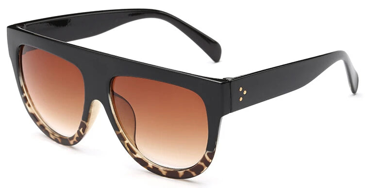 Óculos de sol leopardo preto, grandes, vintage, com armação plana, óculos de sol femininos, óculos com rebites, proteção UV400 para mulheres.