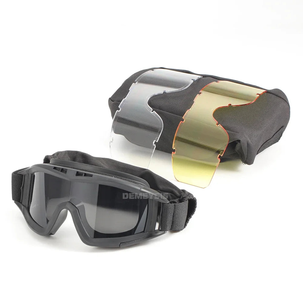 Óculos táticos de airsoft, óculos de tiro para uso em motocicleta, à prova de vento, paintball, cs, wargame, caminhada, 3 lentes, preto, bege, verde
