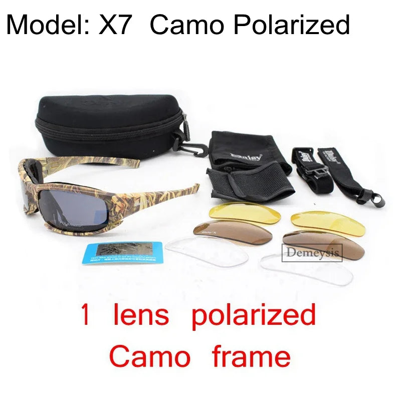 Óculos de Sol Polarizados Daisy Tactical, para esportes ao ar livre; Vem com 4 lentes sobressalentes; Caixa original; Óculos que pode ser utilizado em tiro esportivo; Óculos para caminhada sem a perturbação da luz excessiva.