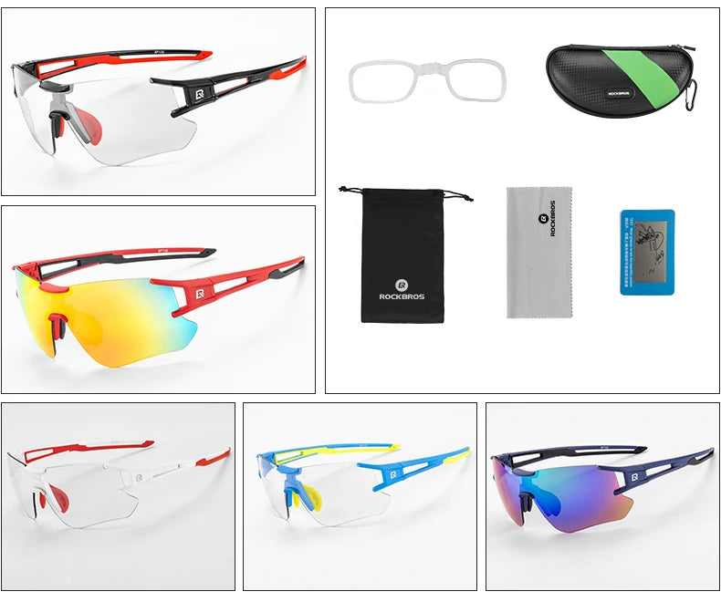 Óculos de ciclismo fotocrômicos ROCKBROS; Excelente para esportes ao ar livre, A armação do óculos não perde a coloração, óculos de ciclismo para estrada e velódromo.
