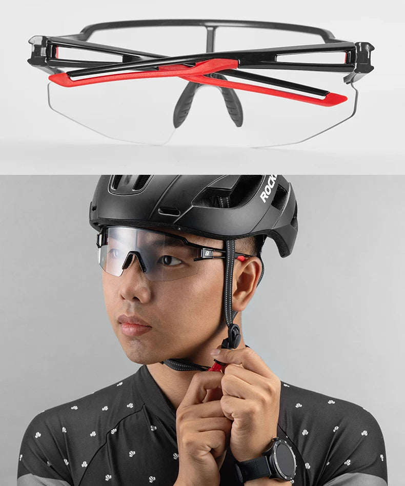 Óculos de ciclismo fotocrômicos ROCKBROS; Excelente para esportes ao ar livre, A armação do óculos não perde a coloração, óculos de ciclismo para estrada e velódromo.