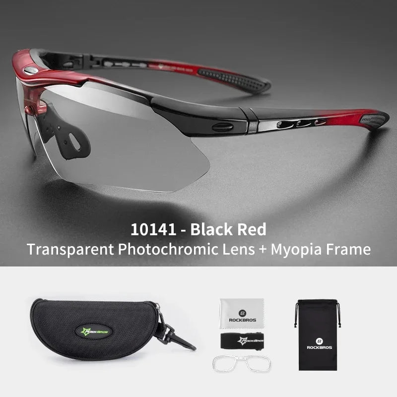 Óculos de ciclismo fotocrômicos ROCKBROS; Excelente para esportes ao ar livre, A armação do óculos não perde a coloração, óculos de ciclismo para estrada e velódromo.