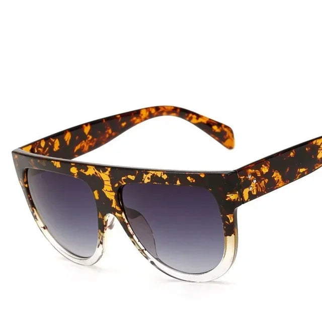 Óculos de sol leopardo preto, grandes, vintage, com armação plana, óculos de sol femininos, óculos com rebites, proteção UV400 para mulheres.