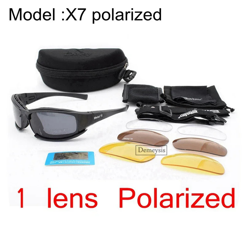 Óculos de Sol Polarizados Daisy Tactical, para esportes ao ar livre; Vem com 4 lentes sobressalentes; Caixa original; Óculos que pode ser utilizado em tiro esportivo; Óculos para caminhada sem a perturbação da luz excessiva.
