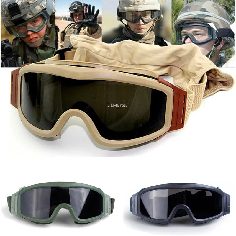 Óculos táticos de airsoft, óculos de tiro para uso em motocicleta, à prova de vento, paintball, cs, wargame, caminhada, 3 lentes, preto, bege, verde