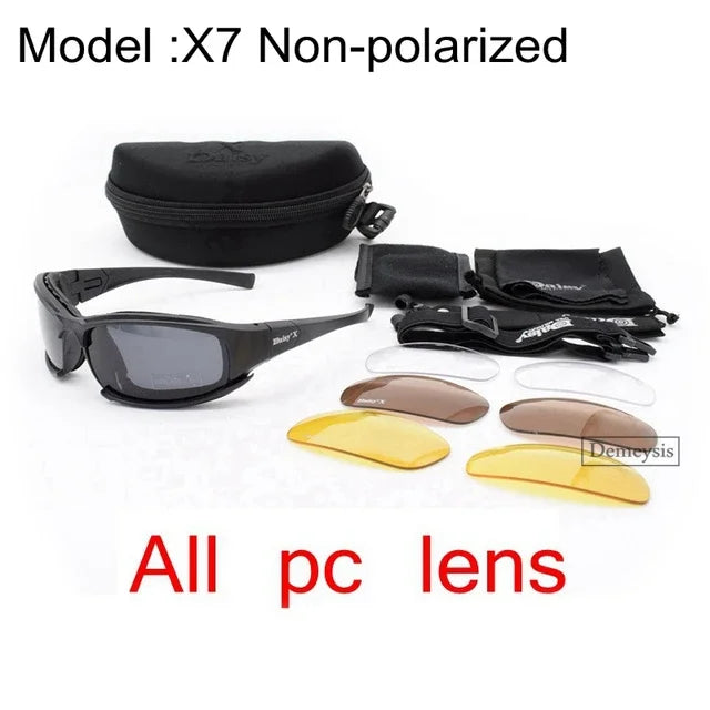 Óculos de Sol Polarizados Daisy Tactical, para esportes ao ar livre; Vem com 4 lentes sobressalentes; Caixa original; Óculos que pode ser utilizado em tiro esportivo; Óculos para caminhada sem a perturbação da luz excessiva.