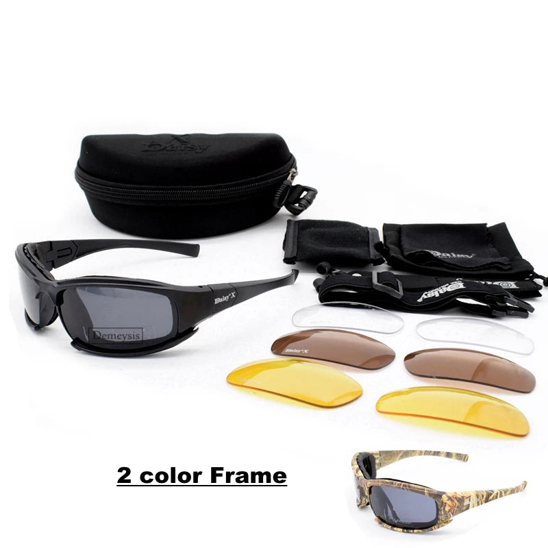 Óculos de Sol Polarizados Daisy Tactical, para esportes ao ar livre; Vem com 4 lentes sobressalentes; Caixa original; Óculos que pode ser utilizado em tiro esportivo; Óculos para caminhada sem a perturbação da luz excessiva.
