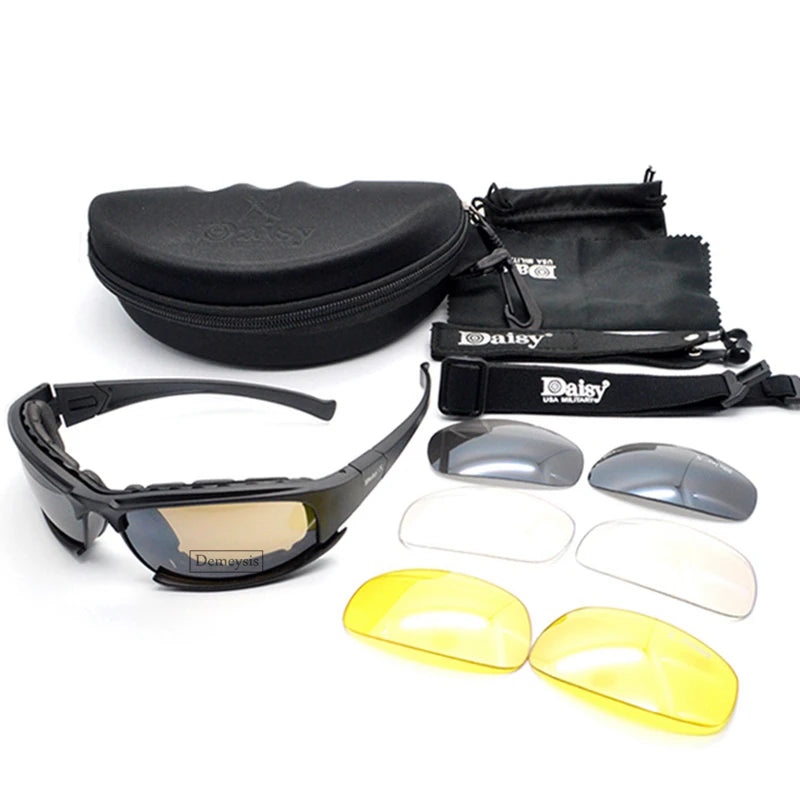 Óculos de Sol Polarizados Daisy Tactical, para esportes ao ar livre; Vem com 4 lentes sobressalentes; Caixa original; Óculos que pode ser utilizado em tiro esportivo; Óculos para caminhada sem a perturbação da luz excessiva.