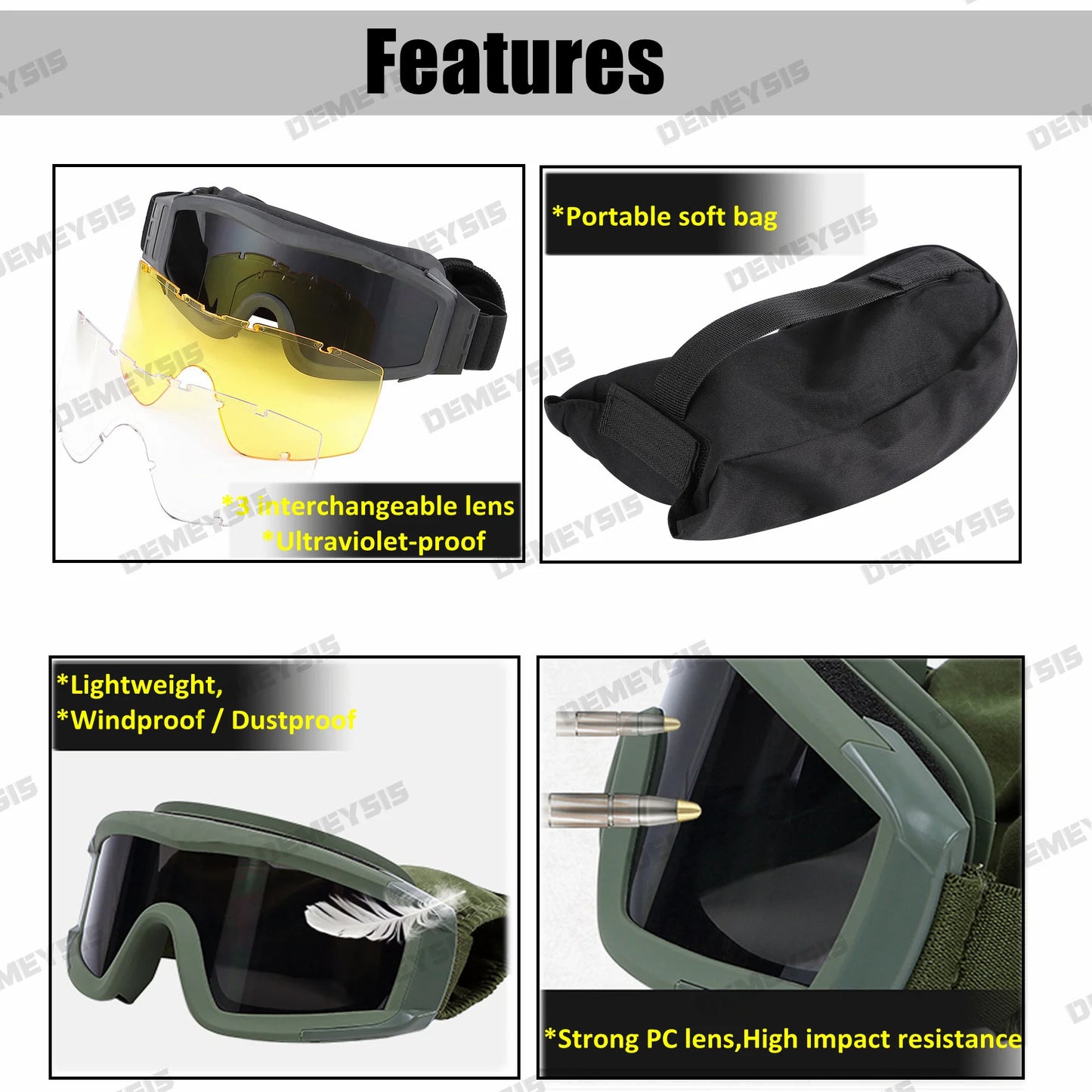 Óculos táticos de airsoft, óculos de tiro para uso em motocicleta, à prova de vento, paintball, cs, wargame, caminhada, 3 lentes, preto, bege, verde