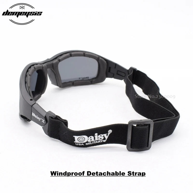 Óculos de Sol Polarizados Daisy Tactical, para esportes ao ar livre; Vem com 4 lentes sobressalentes; Caixa original; Óculos que pode ser utilizado em tiro esportivo; Óculos para caminhada sem a perturbação da luz excessiva.