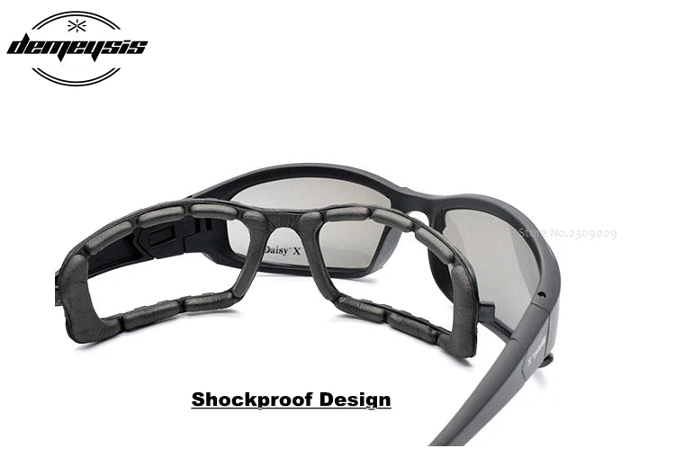 Óculos de Sol Polarizados Daisy Tactical, para esportes ao ar livre; Vem com 4 lentes sobressalentes; Caixa original; Óculos que pode ser utilizado em tiro esportivo; Óculos para caminhada sem a perturbação da luz excessiva.