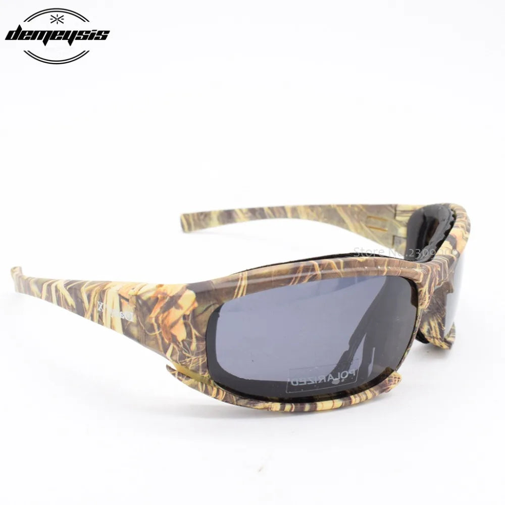 Óculos de Sol Polarizados Daisy Tactical, para esportes ao ar livre; Vem com 4 lentes sobressalentes; Caixa original; Óculos que pode ser utilizado em tiro esportivo; Óculos para caminhada sem a perturbação da luz excessiva.