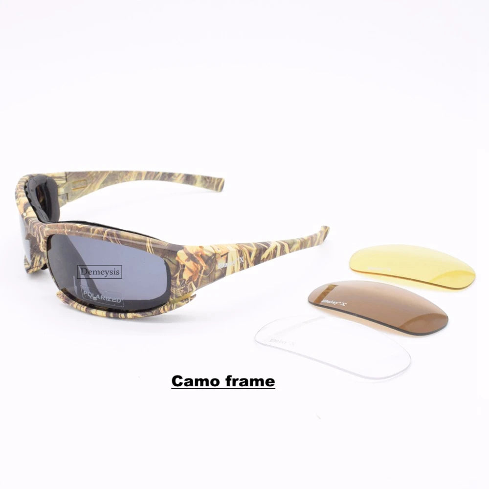 Óculos de Sol Polarizados Daisy Tactical, para esportes ao ar livre; Vem com 4 lentes sobressalentes; Caixa original; Óculos que pode ser utilizado em tiro esportivo; Óculos para caminhada sem a perturbação da luz excessiva.