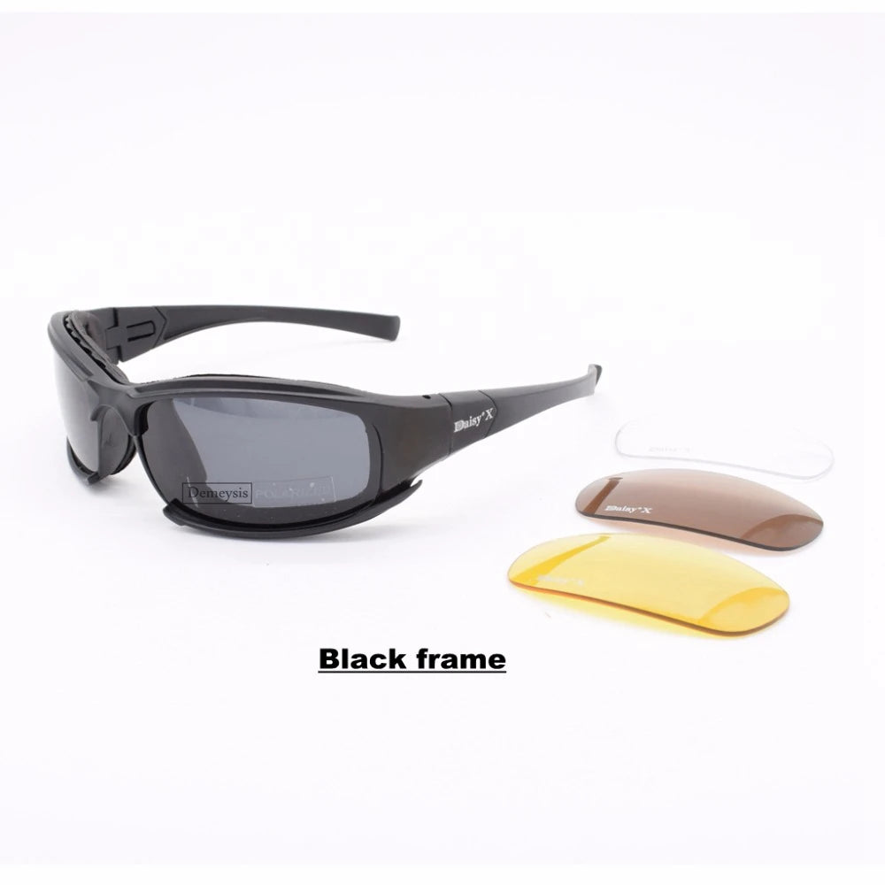 Óculos de Sol Polarizados Daisy Tactical, para esportes ao ar livre; Vem com 4 lentes sobressalentes; Caixa original; Óculos que pode ser utilizado em tiro esportivo; Óculos para caminhada sem a perturbação da luz excessiva.