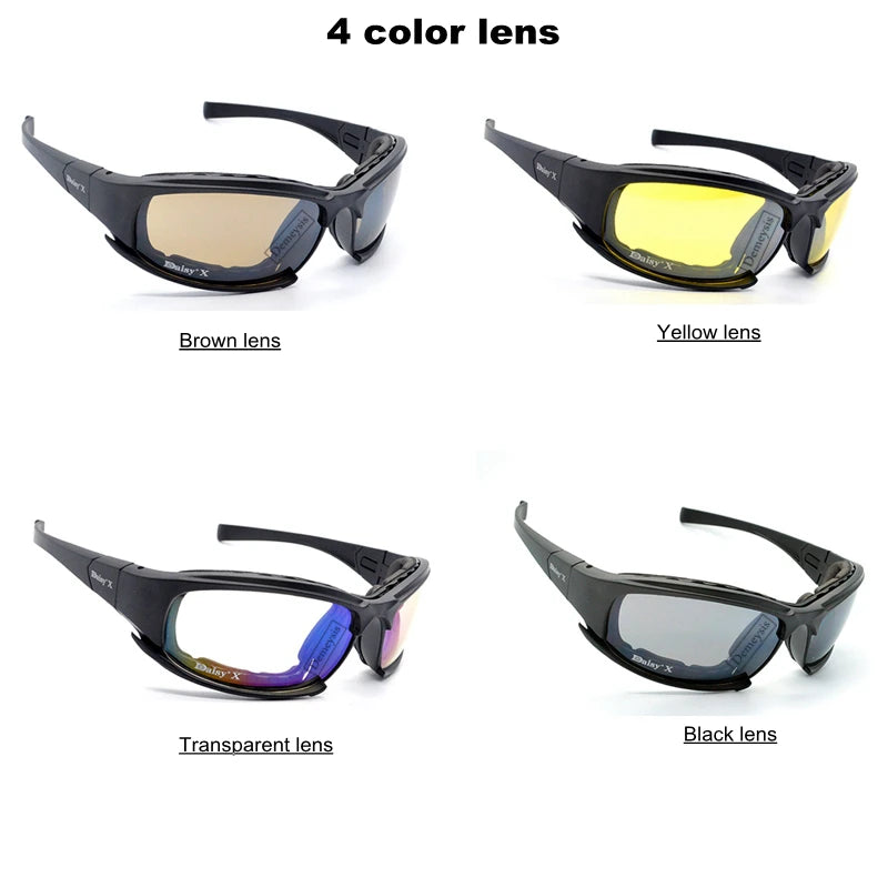 Óculos de Sol Polarizados Daisy Tactical, para esportes ao ar livre; Vem com 4 lentes sobressalentes; Caixa original; Óculos que pode ser utilizado em tiro esportivo; Óculos para caminhada sem a perturbação da luz excessiva.
