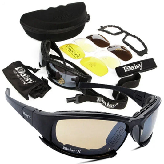Óculos de Sol Polarizados Daisy Tactical, para esportes ao ar livre; Vem com 4 lentes sobressalentes; Caixa original; Óculos que pode ser utilizado em tiro esportivo; Óculos para caminhada sem a perturbação da luz excessiva.