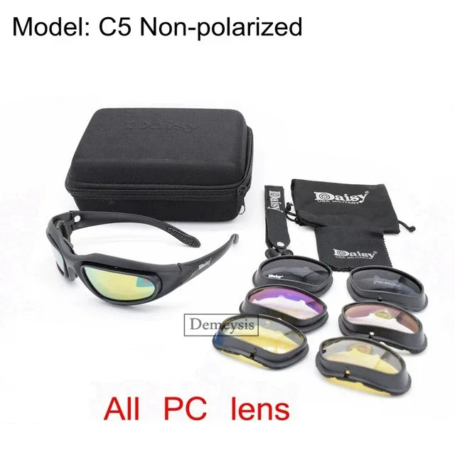 Óculos de Sol Polarizados Daisy Tactical, para esportes ao ar livre; Vem com 4 lentes sobressalentes; Caixa original; Óculos que pode ser utilizado em tiro esportivo; Óculos para caminhada sem a perturbação da luz excessiva.