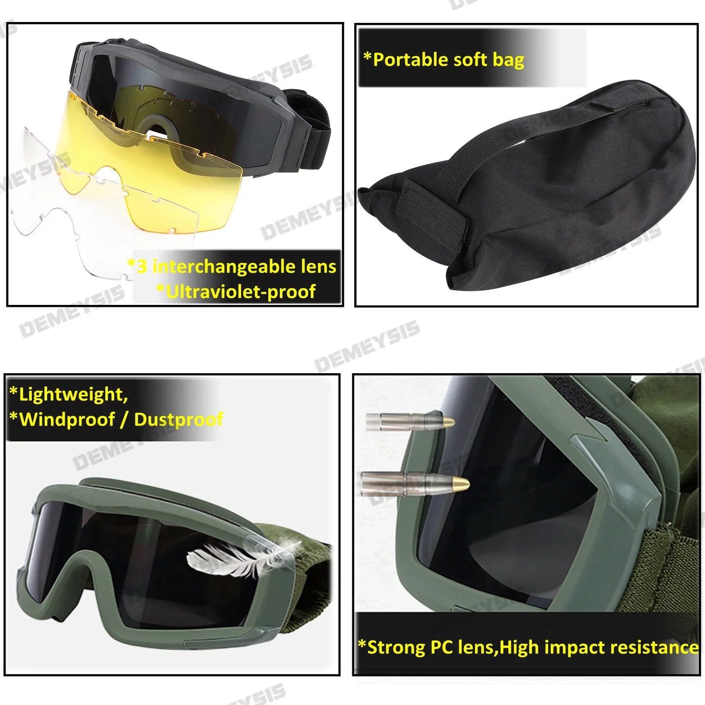 Óculos táticos de airsoft, óculos de tiro para uso em motocicleta, à prova de vento, paintball, cs, wargame, caminhada, 3 lentes, preto, bege, verde