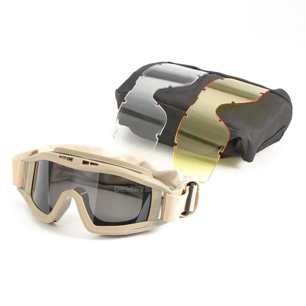 Óculos táticos de airsoft, óculos de tiro para uso em motocicleta, à prova de vento, paintball, cs, wargame, caminhada, 3 lentes, preto, bege, verde