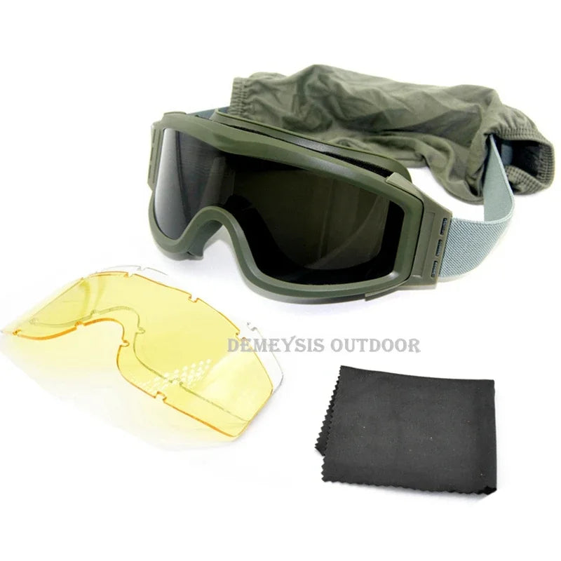 Óculos táticos de airsoft, óculos de tiro para uso em motocicleta, à prova de vento, paintball, cs, wargame, caminhada, 3 lentes, preto, bege, verde