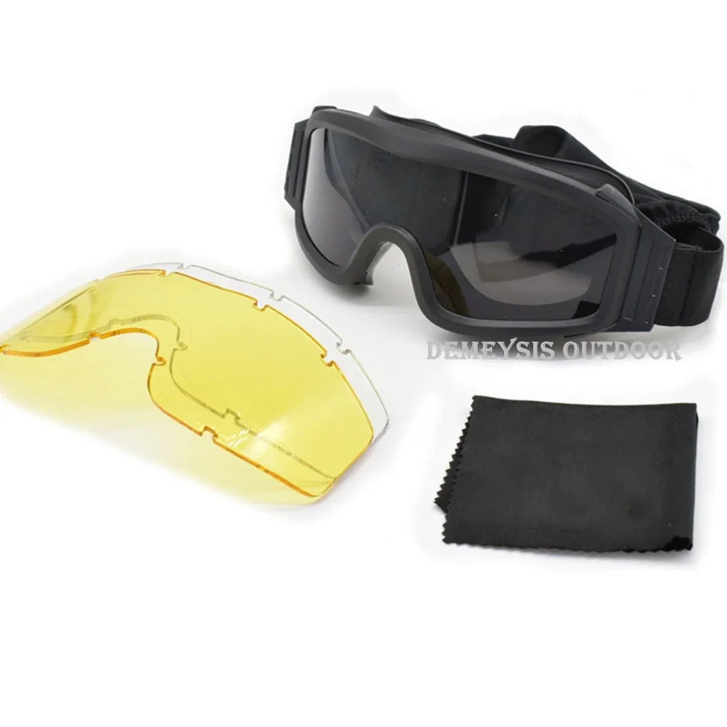 Óculos táticos de airsoft, óculos de tiro para uso em motocicleta, à prova de vento, paintball, cs, wargame, caminhada, 3 lentes, preto, bege, verde