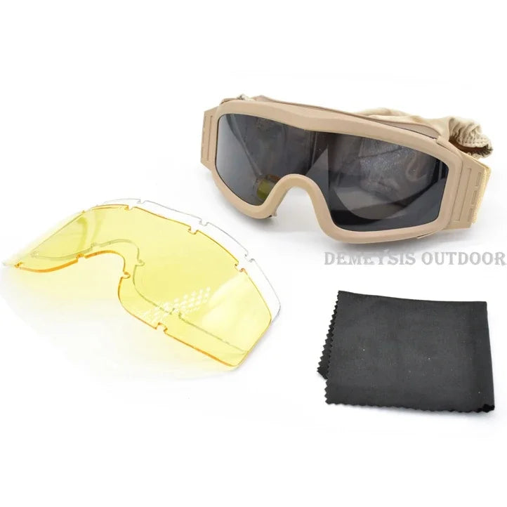 Óculos táticos de airsoft, óculos de tiro para uso em motocicleta, à prova de vento, paintball, cs, wargame, caminhada, 3 lentes, preto, bege, verde