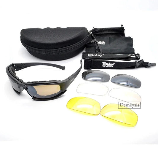 Óculos de Sol Polarizados Daisy Tactical, para esportes ao ar livre; Vem com 4 lentes sobressalentes; Caixa original; Óculos que pode ser utilizado em tiro esportivo; Óculos para caminhada sem a perturbação da luz excessiva.