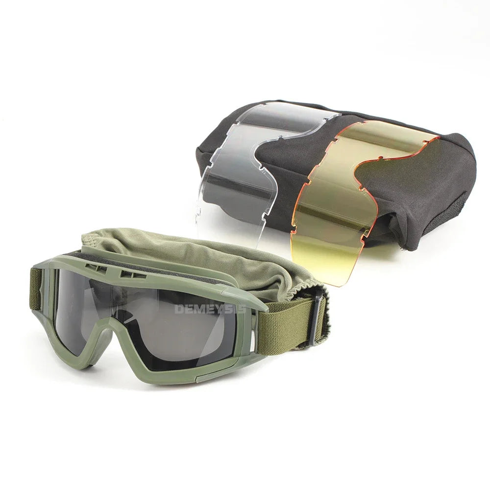 Óculos táticos de airsoft, óculos de tiro para uso em motocicleta, à prova de vento, paintball, cs, wargame, caminhada, 3 lentes, preto, bege, verde