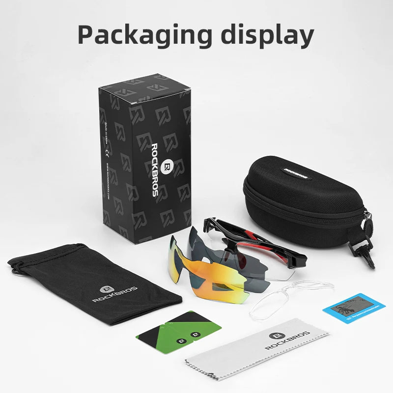 Óculos de ciclismo polarizados Rockbros, Óculos de sol esportivos para Estrada, MTB, Mountain bike, Proteção para andar de bicicleta, Óculos com cinco lentes.